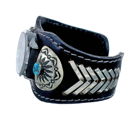 Navajo Turquoise Sterling Silver And Leather Cuff Watch SN20313
